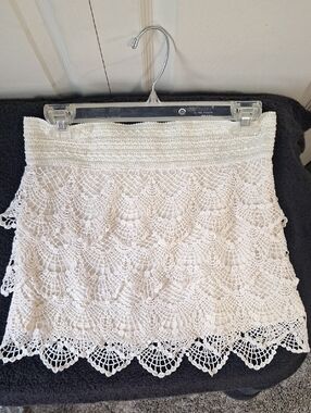 Vintage Nabee Crochet Lace Mini Skirt with Elastic Waist - L - Cream